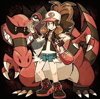 Rule 34 | 1girl, 1other, artist request, baseball cap, black background, black shoes, black vest, blue eyes, blue shorts, brown hair, denim, denim shorts, full body, gen 5 pokemon, hat, highres, hilda (pokemon), krookodile, looking at viewer, nintendo, poke ball, poke ball (basic), pokemon, pokemon bw, shirt, shoes, short shorts, shorts, simple background, sleeveless, sleeveless shirt, smile, standing, thighs, vest, white shirt