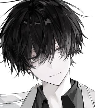 1boy artist_request black_eyes black_hair black_shirt coat collared_shirt commission hair_between_eyes head_tilt highres kim_dokja looking_to_the_side male_focus omniscient_reader&#039;s_viewpoint open_clothes open_coat portrait second-party_source shirt short_hair smirk solo white_coat