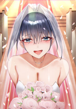 1girl :d alternate_costume bare_arms bare_shoulders black_hair blue_eyes blush bouquet breasts bridal_veil bride cleavage collarbone commentary falling_petals flower hair_between_eyes hair_intakes happy hashtag-only_commentary highres holding holding_bouquet hololive hololive_english indoors large_breasts looking_at_viewer misa_pika open_mouth ouro_kronii petals red_carpet short_hair smile solo veil virtual_youtuber wedding