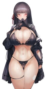 1girl black_bra black_gloves black_skirt blush bra breasts chisa_(wuthering_waves) cleavage clothes_lift gloves high-waist_panties highres id_card large_breasts looking_to_the_side mixed-language_commentary mouth_hold navel open_clothes pearl_thong red_eyes school_uniform serafuku shirt_lift simple_background skirt smile solo thigh_strap underwear white_background wuthering_waves yusha_m