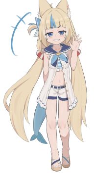 +++ 1girl ahoge animal_ear_fluff animal_ears arm_behind_back belt bikini blonde_hair blue_bow blue_eyes blue_hair blue_neckerchief blue_sailor_collar blunt_bangs blush bow cat_ears collarbone commentary dress fins fish_tail full_body grin hair_bow hair_ornament hand_up highres hsh indie_virtual_youtuber long_hair looking_at_viewer low_twintails multicolored_hair navel neckerchief open_clothes open_dress sailor_collar sailor_dress sameko_saba sandals short_shorts shorts simple_background sleeveless smile solo standing streaked_hair striped_bikini striped_clothes swimsuit tail teeth toenails toes twintails very_long_hair virtual_youtuber waving white_background white_shorts