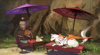 1boy 1girl amaterasu_(ookami) bird bird_feeding brown_kimono brush_stroke day fire flute grass highres instrument japanese_clothes kimono komuso markings monk music nature ookami_(game) outdoors parasol playing_flute playing_instrument reflector_(ookami) resting sparrow toonoot umbrella white_wolf wide_shot wolf