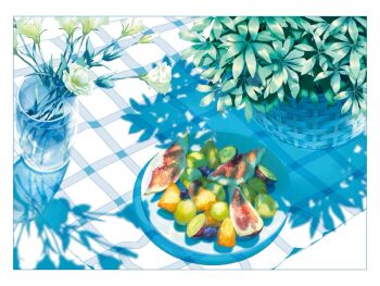 basket commentary_request day fig flower food food_focus fruit fruit_focus grapes no_humans original outdoors picnic_blanket pineapple pineapple_slice plate shadow sunoji08 vase white_flower