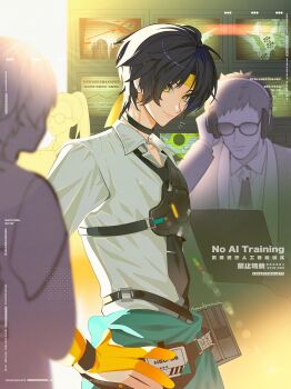 1girl 3boys absurdres armor artist_name asaba_harumasa black_choker black_hair black_necktie choker closed_mouth clothes_around_waist commentary_request from_side gloves hand_on_own_hip headband headphones highres id_card indoors looking_at_viewer male_focus multiple_boys naru9 necktie notice_lines parted_bangs partially_fingerless_gloves screen shirt short_hair shoulder_armor smile solo_focus white_shirt yellow_eyes yellow_gloves yellow_headband zenless_zone_zero