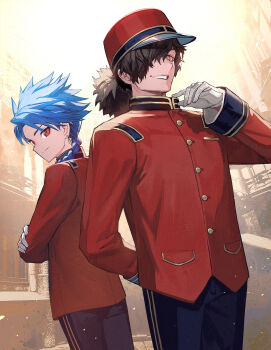 2boys black_hair blue_hair braid braided_ponytail child cu_chulainn_(fate) fate/grand_order fate_(series) gloves hair_over_one_eye hat highres hotel indoors lack lobby long_sleeves looking_at_viewer multiple_boys okada_izou_(fate) red_eyes setanta_(fate) smile travel_attendant waiter yellow_eyes