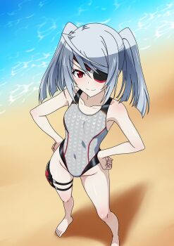 1girl alternate_hairstyle beach breasts commentary_request covered_navel cowboy_shot eyepatch from_above gluteal_fold grey_hair grey_one-piece_swimsuit hands_on_own_hips highres honeycomb_(pattern) honeycomb_print infinite_stratos kuroda_ariake laura_bodewig long_hair multicolored_swimsuit one-piece_swimsuit red_eyes running small_breasts smile solo swimsuit thigh_strap twintails water yurizuku_owl