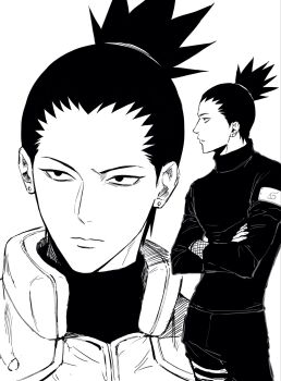 1boy closed_mouth crossed_arms earrings fishnet_sleeves fishnets flak_jacket hair_tie high_collar highres jacket jewelry konohagakure_symbol looking_to_the_side male_focus multiple_views nara_shikamaru naruto_(series) simple_background sso_s white_background
