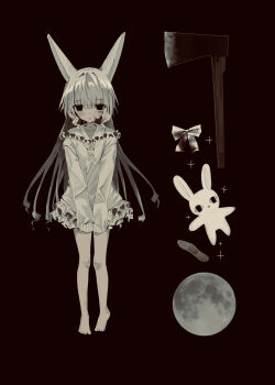 Rule 34 | 1girl, absurdres, animal ears, axe, bandaid, barefoot, black background, blood, blood on face, frilled shirt collar, frilled skirt, frills, full body, full moon, hayu (hayu0305), highres, long hair, long sleeves, miniskirt, moon, original, rabbit, rabbit ears, rabbit girl, ribbon, shirt, skirt, sleeves past fingers, sleeves past wrists, white hair, white shirt, white skirt