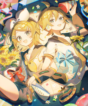 1boy 1girl ahoge black_sailor_collar black_shorts black_sleeves blonde_hair blue_eyes bouquet bow commentary_request confetti detached_sleeves flower gift hair_bow hand_up headphones highres holding holding_bouquet holding_gift kagamine_len kagamine_rin locked_arms looking_at_viewer neckerchief necktie open_mouth party_popper sailor_collar sazanami_(ripple1996) shirt short_hair short_sleeves shorts smile spotlight string_of_flags sunflower vocaloid white_bow white_flower white_shirt yellow_neckerchief yellow_necktie