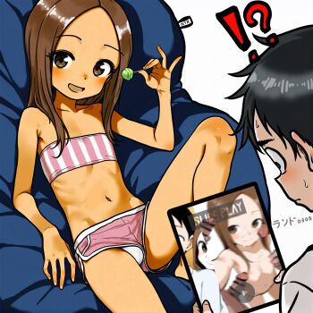 !? 1boy 1girl absurdres artist_name ass bar_censor bean_bag_chair black_hair brown_eyes brown_hair candy censored clothing_aside fake_video flat_chest food gangbang group_sex highres holding holding_candy holding_food holding_lollipop holding_tablet_pc karakai_jouzu_no_takagi-san knee_up lander0808 loli lollipop looking_at_object looking_at_viewer medium_hair navel netorare nishikata open_mouth panties pantyshot penis pink_shorts selfie shorts shorts_aside simple_background sitting smile stomach sweatdrop tablet_pc takagi-san tan underwear white_background white_panties