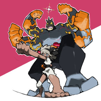 1girl barefoot bea_(pokemon) black_hairband blacknirrow clenched_hands dark-skinned_female dark_skin dynamax extra_arms full_body gen_1_pokemon gigantamax gigantamax_machamp glint gloves grey_eyes grey_hair hairband machamp muscular nintendo open_mouth orange_gloves outline outstretched_arm pokemon pokemon_(creature) pokemon_swsh shirt shorts simple_background single_glove standing two-tone_background white_outline white_shirt white_shorts yellow_eyes
