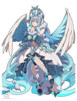 1girl :o absurdly_long_hair animal_ear_fluff animal_ears bare_shoulders bird_ears blue_hair cat_ears detached_sleeves dress ear_wings feathered_wings fishnets full_body fur-trimmed_sleeves fur_trim grey_hair hair_between_eyes halo highres jesternalagon long_hair looking_at_viewer navel open_mouth orange_eyes original own_hands_clasped own_hands_together praying shoes sidelocks simple_background smile solo tail very_long_hair watermark white_background white_wings wings