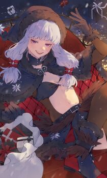 1girl absurdres agria_(black_santa)_(tales) agria_(tales) argyle_cloak black_bra black_cloak blunt_bangs bodystocking boots bra christmas city_lights cloak clothing_cutout commission freckles fur-trimmed_boots fur-trimmed_cloak fur-trimmed_gloves fur-trimmed_hood fur_trim gift gloves hair_rings hat_ornament highres hood hooded_cloak long_hair low-tied_sidelocks night official_alternate_costume open_mouth outdoors purple_eyes sack sidelocks sitting skirt sleigh smile snowing solo star_(symbol) star_hat_ornament tales_of_(series) tales_of_the_rays tales_of_xillia thigh_cutout underwear wawatiku white_hair