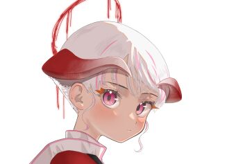 1girl blush eyelashes halftone halo highres horns melting_halo multicolored_hair nuwara_eliya original pink_eyes pink_hair portrait red_halo red_horns simple_background solo streaked_hair white_background white_hair wispy_bangs