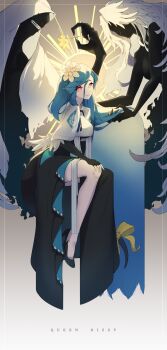 1girl absurdres angel_wings black_dress black_gloves character_name commentary dizzy_(guilty_gear) dress eclipse english_commentary eyelashes flower from_side front_slit gloves guilty_gear guilty_gear_strive hair_between_eyes hair_flower hair_ornament hand_in_another&#039;s_hair high_heels highres kwang_(nakwangg) lips long_hair looking_at_viewer necro_(guilty_gear) queen_dizzy ribbon shaded_face sidelocks solo sun sunlight swept_bangs tail tail_ornament tail_ribbon undine_(guilty_gear) upper_body wings yellow_ribbon
