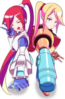 2girls absurdres arm_cannon back-to-back blonde_hair blue_eyes closed_eyes closed_mouth commission fang from_side high_ponytail highres jenosa_arma long_hair looking_at_viewer medium_hair metroid multiple_girls nintendo open_mouth ponytail power_suit power_suit_(metroid) red_hair samus_aran scurge:_hive smile standing swept_bangs tsunderemaids v very_long_hair weapon