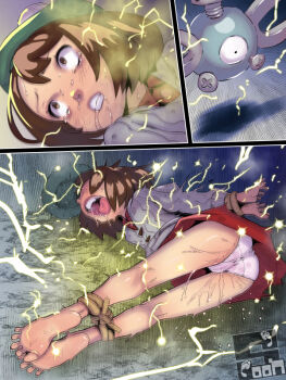 1girl artist_name ass bdsm blush bondage bound bound_ankles bound_wrists brown_eyes brown_hair cardigan clenched_teeth dress electricity gen_1_pokemon gloria_(pokemon) grey_cardigan loli magnemite nintendo pain panties peeing peeing_self pokemon pokemon_(creature) pokemon_swsh ryona screaming sequential signature soon_(c-u-soon) teeth torture underwear white_panties