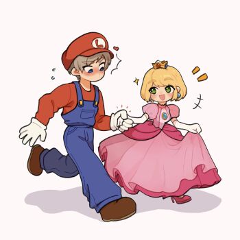 1boy 1girl ashley_graham blonde_hair blue_overalls blush boots breasts brown_boots chest_jewel clothes_lift commentary cosplay crown dress dress_lift earrings elbow_gloves english_commentary flying_sweatdrops full_body gloves green_eyes high_heels highres holding_hands jewelry leon_s._kennedy long_dress mario mario_(cosplay) mario_(series) medium_breasts mini_crown nintendo open_mouth overalls pink_dress pink_shoes princess_peach princess_peach_(cosplay) puffy_short_sleeves puffy_sleeves pumps red_hair red_shirt resident_evil resident_evil_4 resident_evil_4_(remake) running shirt shoes short_hair short_sleeves smile sparkle veroq77 white_background white_gloves
