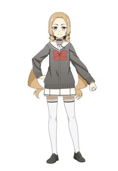 Rule 34 | 1girl, black cardigan, black choker, black shoes, blonde hair, bow, bowtie, cardigan, choker, closed mouth, full body, hand on own hip, inubouzaki fuu, loafers, long hair, long sleeves, looking at viewer, low twintails, official art, pleated skirt, red bow, red bowtie, sailor collar, sanshuu middle school uniform, school uniform, second-party source, shoes, simple background, skirt, smile, solo, standing, tachi-e, thighhighs, transparent background, twintails, very long hair, white skirt, white thighhighs, yellow eyes, yuuki yuuna wa yuusha de aru, yuusha de aru