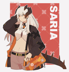 Rule 34 | 1girl, arkiwi, arknights, artist name, bag, black jacket, brown pants, character name, closed mouth, commentary, crop top, dragon girl, dragon horns, dragon tail, earclip, english commentary, grey background, highres, horns, jacket, long hair, long sleeves, looking at viewer, midriff, orange eyes, pants, red background, saria (arknights), shirt, shoulder bag, solo, tail, toned female, white hair, white shirt