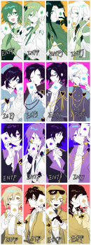 Rule 34 | 16personalities, 6+boys, 6+girls, absurdres, ace (playing card), ace of clubs, ace of diamonds, ace of spades, adventurer (16personalities), advocate (16personalities), architect (16personalities), ascot, black gloves, black hair, black jacket, blonde hair, blue cape, blue eyes, blue vest, braid, buttons, campaigner (16personalities), cape, card, closed mouth, club (shape), coat, collared shirt, commander (16personalities), consul (16personalities), cowboy shot, debater (16personalities), defender (16personalities), diamond (shape), double-breasted, entertainer (16personalities), entrepeneur (16personalities), everyone, executive (16personalities), glasses, gloves, gold trim, green coat, green eyes, green hair, green ribbon, green theme, hair ornament, highres, holding, holding card, jack (playing card), jack of clubs (playing card), jack of diamonds, jack of spades, jacket, king (playing card), king of clubs, king of diamonds, king of spades, logician (16personalities), logistician (16personalities), long hair, long sleeves, looking at viewer, looking to the side, low ponytail, mediator (16personalities), monocle, mouyimouyi, multiple boys, multiple girls, myers-briggs type indicator, neck ribbon, necktie, one eye closed, open mouth, overalls, pants, partially fingerless gloves, pink background, playing card, ponytail, protagonist (16personalities), purple background, purple coat, purple eyes, purple hair, purple necktie, queen (playing card), queen of clubs, queen of diamonds, queen of spades (playing card), red background, ribbon, shirt, side braid, sidelocks, simple background, smile, spade (shape), spade hair ornament, spade tattoo, tattoo, upper body, very long hair, vest, virtuoso (16personalities), white ascot, white hair, white shirt, yellow background, yellow eyes, yellow jacket, yellow pants