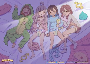 4girls absurdres artist_name bottomless diaper female_focus genderswap genderswap_(mtf) hand_grab highres hood hozuki_momiji kuma_dasai loli multiple_girls murosaki_miyo oka_asahi onii-chan_wa_oshimai! oyama_mahiro pajamas pajamas_around_one_leg pink_diaper sleeping sleepover source_request stuffed_animal stuffed_toy tagme teddy_bear wet_diaper