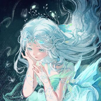 Rule 34 | 1girl, beads, black background, blue wings, bug, butterfly, butterfly hair ornament, chinese commentary, choker, circlet, closed mouth, colored eyelashes, commentary request, dress, eyeshadow, facepaint, fairy, fairy wings, floating hair, forest ripple (infinity nikki), fur choker, green dress, green eyes, green eyeshadow, hair beads, hair floating upwards, hair ornament, hand on own cheek, hand on own face, happy, highres, infinity nikki, insect, jewelry, liuying (xhs 9418899286), long hair, looking ahead, low wings, makeup, mini wings, nikki (series), sleeveless, sleeveless dress, smile, solo, upper body, very long hair, wavy hair, white choker, white hair, wings