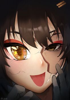 Rule 34 | 1girl, bags under eyes, black gloves, black hair, commentary, cracked kawaii mask, cracked mask, derivative work, english commentary, female rover (wuthering waves), gloves, hand up, highres, leppib, long hair, mask, portrait, revision, rover (wuthering waves), solo, wuthering waves, yellow eyes