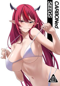 1girl aqua_eyes armpit_crease bare_shoulders bikini black_horns blush breasts closed_mouth collarbone commentary content_rating english_commentary english_text engrish_text fingernails heterochromia highres hololive hololive_english horns irys_(hololive) large_breasts long_hair looking_at_viewer multicolored_hair multicolored_horns navel pink_eyes pink_hair pink_horns pointy_ears ranguage si_farid simple_background smile solo stomach streaked_hair swimsuit two-tone_hair two-tone_horns virtual_youtuber white_background white_bikini