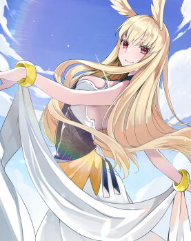 1girl armor armored_dress blonde_hair blue_sky blush bracelet breasts cloud commentary_request day dress fate/grand_order fate_(series) head_wings highres jewelry long_dress long_hair looking_at_viewer medium_breasts outdoors pink_eyes shunka_tunacan sky smile solo thrud_(fate) valkyrie_(fate) very_long_hair white_dress wings