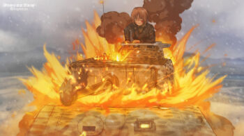 Rule 34 | 1girl, artist name, brown hair, cannon, fire, girls und panzer, highres, imminent death, imminent explosion, kepincox, kuromorimine military uniform, military vehicle, motor vehicle, nishizumi miho, panther (tank), scene reference, smoke, snow, solo, t-34 (movie), tank, tank turret, twitter username, world war ii