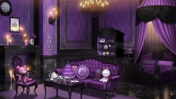 amane_(stpr_boys) armchair azuma_hatori bed bedroom bell_jar black_flower black_rose blanket bookshelf box bug butterfly cake_stand candelabra candle candlestand canopy_bed chair chandelier couch cup curtains cushion fireplace flower food framed_insect head_mirror highres holding holding_flower indoors insect lamp macaron marble_(stone) marble_floor nightstand no_humans official_art painting_(object) picture_frame pillow plate purple_butterfly purple_flower purple_theme rose rug saucer scenery shelf skull spider_lily statuette stpr_boys_project stuffed_animal stuffed_ghost stuffed_toy sugar_bowl table tea teacup teapot teddy_bear wallpaper_(object)