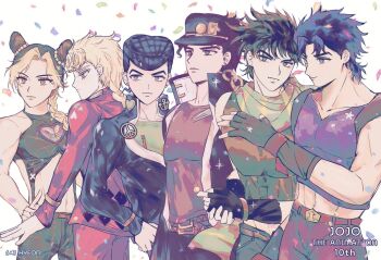 1girl 5boys anchor_symbol artist_name battle_tendency black_hair blonde_hair braid braided_ponytail bun_with_braided_base chain commentary_request diamond_wa_kudakenai double_bun fingerless_gloves gakuran giorno_giovanna gloves green_scarf hair_bun hat heart higashikata_josuke hyeon_0613 jojo_no_kimyou_na_bouken jonathan_joestar joseph_joestar joseph_joestar_(young) korean_commentary kuujou_jolyne kuujou_joutarou midriff multicolored_hair multiple_boys peace_symbol petals phantom_blood pin pompadour scarf school_uniform single_braid stardust_crusaders stone_ocean toned toned_female toned_male two-tone_hair vento_aureo