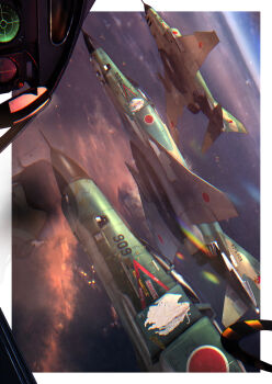 aa_megami-sama aircraft airplane belldandy blue_sky border cockpit commentary_request external_fuel_tank f-4_phantom_ii fighter_jet flying helmet high_up highres japan_air_self-defense_force japan_self-defense_force military military_vehicle nose_art original outside_border pilot pilot_helmet pov_cockpit reflection sideways sky timmyyen urd_(aa_megami-sama) vehicle_focus white_border