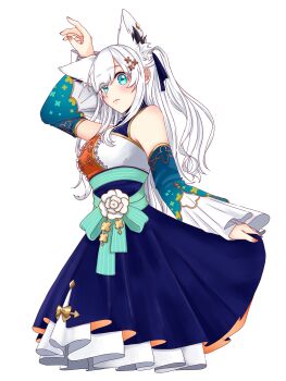 1girl absurdres animal_ear_fluff animal_ears arm_up bare_shoulders blue_dress blue_eyes breasts closed_mouth cropped_legs detached_sleeves dress fox_ears fox_girl hair_ornament highres hololive long_hair looking_at_viewer medium_breasts official_alternate_costume ringo_21_a shirakami_fubuki shirakami_fubuki_(waitress) simple_background solo swept_bangs virtual_youtuber white_background white_hair