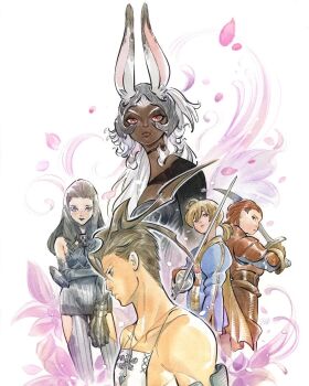 Rule 34 | 2girls, 3boys, ahoge, animal ears, antenna hair, armor, ashley riot, back-to-back, bare shoulders, black eyes, black hair, black lips, black shrug, black thighhighs, blonde hair, blue jacket, braid, breasts, brown eyes, brown gloves, brown hair, bustier, callo merlose, cape, closed mouth, collarbone, dark-skinned female, dark skin, delita heiral, dress, ears through headwear, elbow gloves, final fantasy, final fantasy tactics, final fantasy xii, flower, fran (ff12), gauntlets, gloves, gold cape, gold trim, helmet, highres, jacket, jewelry, long hair, looking at viewer, multiple boys, multiple girls, muscular, muscular male, necklace, peach momoko, pink flower, pleated dress, ponytail, rabbit ears, rabbit girl, ramza beoulve, red eyes, shrug (clothing), sidelocks, thighhighs, traditional media, upper body, vagrant story, very long hair, viera, white background, white hair