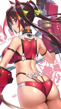 1girl arm_strap ass bare_shoulders black_hair blue_eyes blush butt_crack closed_mouth crop_top from_behind gauntlets highleg highres long_hair looking_at_viewer looking_back mecha_musume mechanical_hands original panties red_panties red_streaks signature simple_background skindentation sleeveless smile solo takamine_nadare underwear white_background