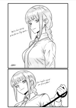 1girl braid braided_ponytail chainsaw_man closed_mouth collared_shirt commentary english_commentary english_text graphicthereal greyscale highres holding holding_leash leash long_hair long_sleeves looking_at_viewer makima_(chainsaw_man) monochrome necktie shirt sidelocks solo