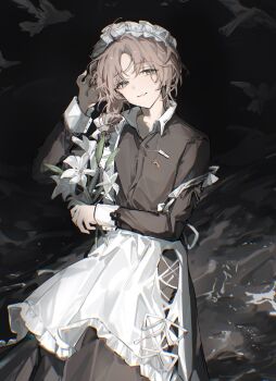 1boy apron aqua_eyes bird black_dress braid brown_hair commentary_request crossdressing crossdressing_(mtf) crow dark dress flower gloves highres jewelry kanae_(19th_costume)_(nijisanji) kanae_(nijisanji) light_smile lily_(flower) long_hair long_sleeves looking_at_viewer maid maid_apron maid_headdress male_focus male_maid necklace night nijisanji ocean official_alternate_costume single_braid single_glove sleeve_cuffs solo toripii_(tori_pippi_07) virtual_youtuber