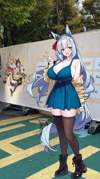 1girl alternate_costume animal_ears ankle_boots black_boots black_thighhighs blue_dress blue_eyes blue_hair blue_tail boots braid commentary_request crown_braid dress ear_ornament fusaichi_pandora_(umamusume) hand_up herohero_(higashi_no_dou) highres horse_ears horse_girl horse_tail jacket looking_at_viewer mejiro_ardan_(umamusume) off_shoulder open_mouth outdoors photo_background pinafore_dress shirt skindentation sleeveless sleeveless_dress smile solo stay_gold_(umamusume) tail thighhighs umamusume v white_shirt yellow_jacket zettai_ryouiki