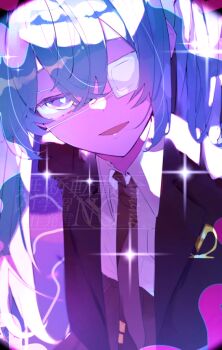 1girl amami_(nakayp41) aqua_hair black_bow black_bowtie black_jacket bow bowtie collared_shirt double-parted_bangs eyepatch hair_between_eyes hatsune_miku heart heart_in_eye jacket long_hair looking_at_viewer monitoring_(vocaloid) parted_lips shirt sparkle symbol_in_eye upper_body vocaloid white_shirt