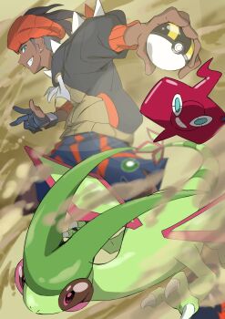 1boy aqua_eyes black_footwear black_hair black_hoodie blurry commentary_request dark-skinned_male dark_skin dynamax_band earrings flygon gen_3_pokemon gen_4_pokemon gloves grin headband highres holding holding_poke_ball hood hoodie jewelry male_focus nintendo orange_headband partially_fingerless_gloves poke_ball pokemon pokemon_(anime) pokemon_(creature) pokemon_journeys raihan_(pokemon) rotom rotom_phone sandstorm_(pokemon) shoes short_hair shorts side_slit side_slit_shorts single_glove smile teeth ultra_ball undercut w yusuke_oshida