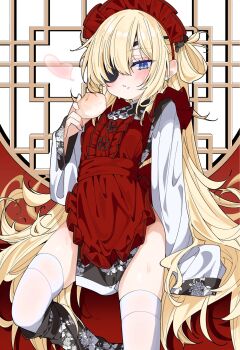 1girl alternate_costume blonde_hair blonde_pubic_hair blue_eyes dress eyepatch goddess_of_victory:_nikke guillotine_(nikke) long_hair looking_at_viewer red_dress solo thighhighs tu_pa_pa_pa twitter white_thighhighs
