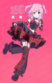 1girl :o alternate_costume bare_shoulders black_arm_warmers black_choker black_shoes black_skirt black_thighhighs black_vest choker collarbone cropped_shirt dot_nose eyes_visible_through_hair fingernails full_body hair_ornament hand_on_own_cheek hand_on_own_face heart heart_choker highres hinamori_amu lace lace-trimmed_skirt lace-up_thighhighs lace_trim layered_skirt leg_up light_blush loose_socks medium_hair midriff miniskirt navel open_mouth pink_background pink_hair plaid_clothes plaid_skirt plaid_thighhighs punk red_arm_warmers red_shirt red_skirt red_thighhighs ribbed_thighhighs serizawa_serizane shirt shoes short_sleeves shugo_chara! simple_background skirt skirt_hold socks solo striped_arm_warmers studded_choker t-shirt tareme thighhighs torn_clothes torn_sleeves twitter_username two-tone_arm_warmers two-tone_thighhighs two_side_up unmoving_pattern vest watermark watermark_grid x_hair_ornament yellow_eyes