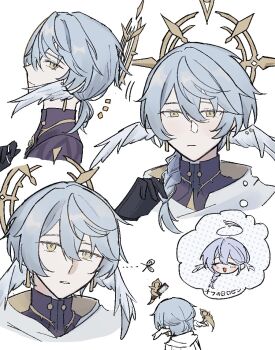 1boy alternate_hair_length alternate_hairstyle blue_hair braid commentary_request earrings gloves hair_between_eyes honkai:_star_rail honkai_(series) hood hood_down jewelry male_focus parted_lips ponytail robin_(honkai:_star_rail) saikoukamona short_ponytail single_braid sunday_(honkai:_star_rail) turtleneck yellow_eyes