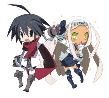 16_ban almaz_von_almadine_adamant black_hair disgaea green_eyes lowres makai_senki_disgaea_3 sapphire_rhodonite scarf white_hair