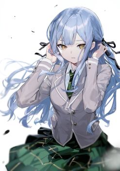 Rule 34 | 1girl, absurdres, bang dream!, bang dream! it's mygo!!!!!, black ribbon, blazer, blue hair, blunt bangs, chinese commentary, collared shirt, commentary request, cowboy shot, green necktie, green skirt, grey jacket, hair ribbon, hands up, haneoka school uniform, highres, jacket, lingshalan, long hair, long sleeves, looking at viewer, necktie, parted lips, plaid clothes, plaid skirt, pleated skirt, ribbon, school uniform, shirt, sidelocks, simple background, skirt, solo, standing, striped clothes, striped necktie, togawa sakiko, two side up, white background, white shirt, wind, winter uniform, yellow eyes