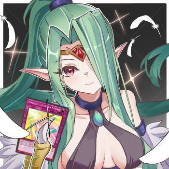 Rule 34 | 1girl, bare shoulders, bikini, black bikini, breasts, card, circlet, claws, cleavage, closed mouth, collarbone, commentary request, duel monster, falling feathers, feathered wings, feathers, green hair, hair between eyes, hair over one eye, harpie queen, harpy, highres, holding, holding card, large breasts, long hair, looking at viewer, monster girl, pointy ears, ponytail, purple eyes, revealing clothes, solo, swimsuit, trading card, upper body, watermark, watermark grid, winged arms, wings, wy (pixiv 121946076), yu-gi-oh!