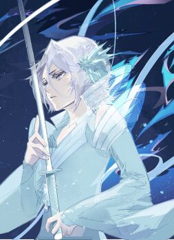 1girl bankai bleach bleach:_sennen_kessen-hen cofffee colored_eyelashes cryokinesis crystal_sword hakka_no_togame_(bankai) ice ice_crystal ice_flower japanese_clothes katana kimono kuchiki_rukia long_ribbon official_alternate_hair_color ribbon sash shinigami solo sword weapon white_kimono white_ribbon white_sash zanpakutou
