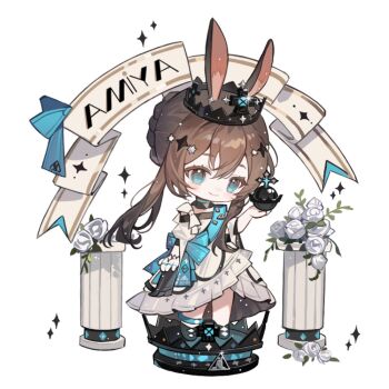 1girl amiya_(ambience_synesthesia_2022)_(arknights) amiya_(arknights) animal_ear_fluff animal_ears argyle_clothes argyle_footwear arknights ball banner black_boots black_collar black_crown blue_eyes blue_sash boots bow braid braided_bun brown_hair character_name chibi chinese_commentary closed_mouth collar commentary_request cross cross_print crown detached_collar dress eyelashes flower four-pointed_star frilled_dress frills glint gloves hair_between_eyes hair_bun hair_ornament hairclip hexagram holding holding_ball juliet_sleeves light_blush light_particles long_dress long_sidelocks long_sleeves off-shoulder_dress off_shoulder pillar print_dress puffy_sleeves rabbit_ears rabbit_girl rose sash short_hair_with_long_locks shoulder_bow sidelocks simple_background single_ankle_cuff single_glove single_hair_bun smile solo sparkle stage standing star_(symbol) star_hair_ornament updo waist_sash white_background white_bow white_dress white_flower white_gloves white_rose wide_sleeves yanshuangjun